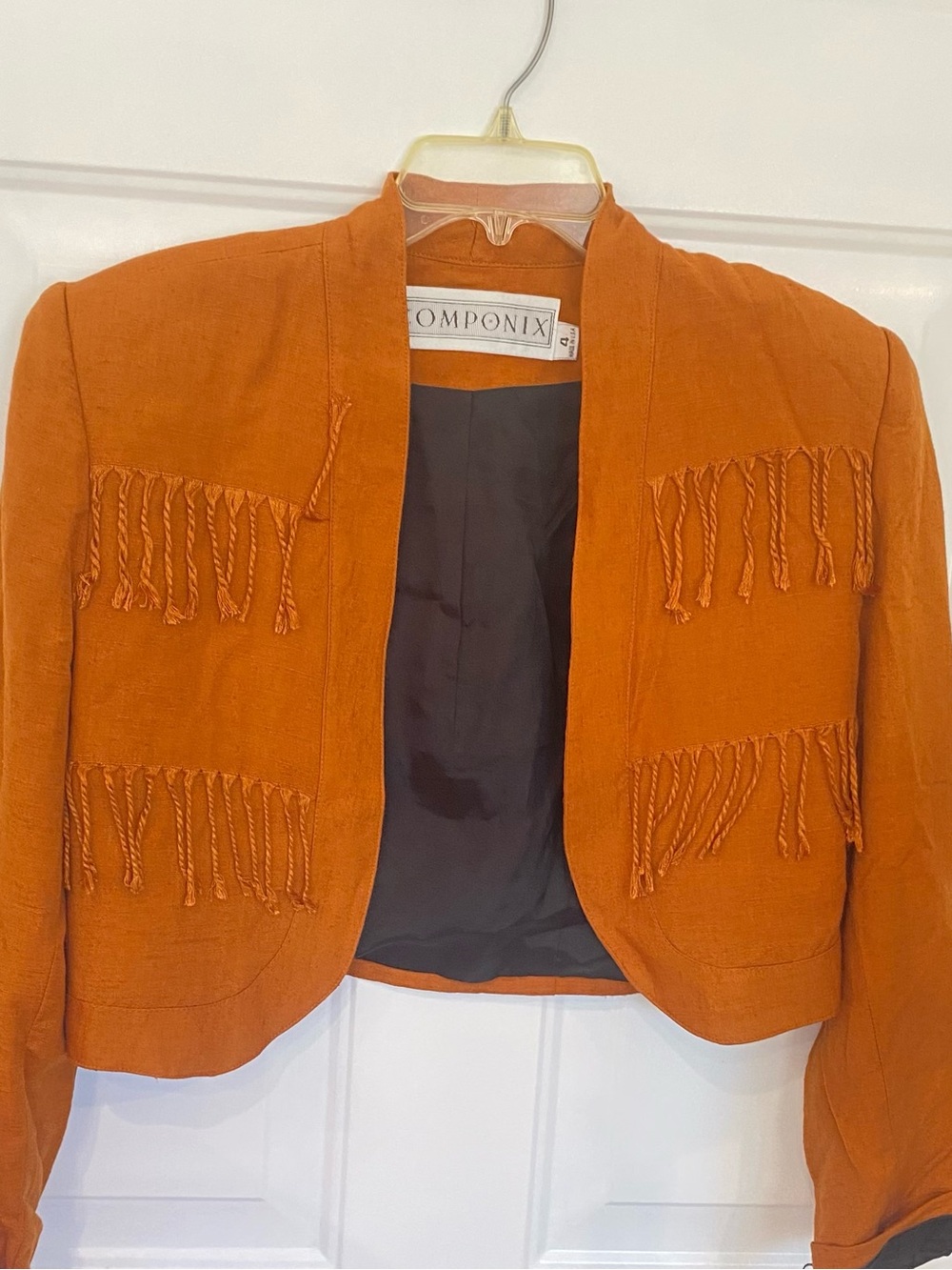 Vintage rust orange Componix fringed Open-Front Cropped Blazer women’s size 4